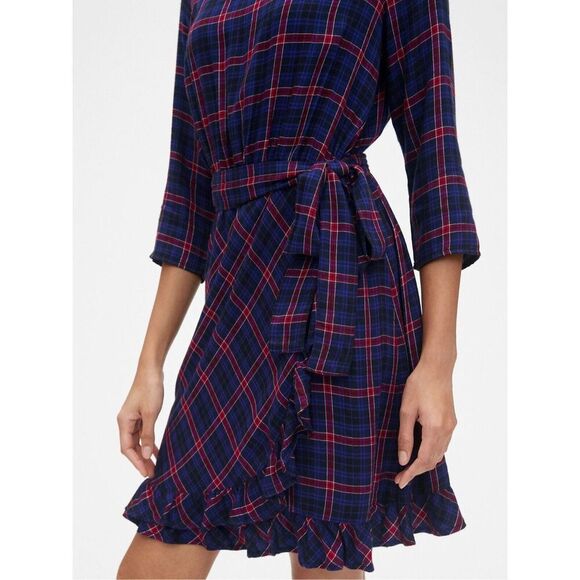 NEW GAP Women’s Small Tall Plaid Faux-Wrap Ruffle Hem Dress - Picture 4 of 5